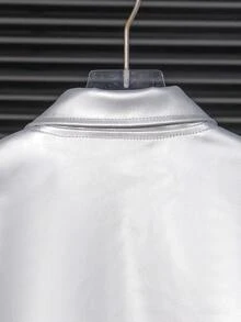 Tween Girl Fashion Solid Color Minimalist Casual Y2K Silver Lapel Long Sleeve Cropped Jacket Top - Silver - View 8