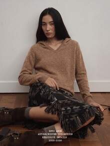 Áo cardigan len dệt kim dáng ôm dài có mũ cho nữ, phong cách Pháp, mùa Thu/Đông mới, 100% len nguyên chất thân thiện với làn da - màu nâu - Xem 2