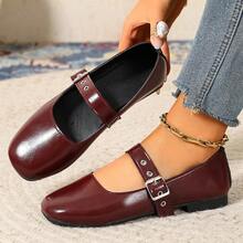 Women's Round Toe Low Heel Mary Jane Shoes, Metal Buckle Strap Shallow Vamp Shoes, Minimalist Korean Style Spring Autumn Commute Versatile Shoes - Burgundy - View 5
