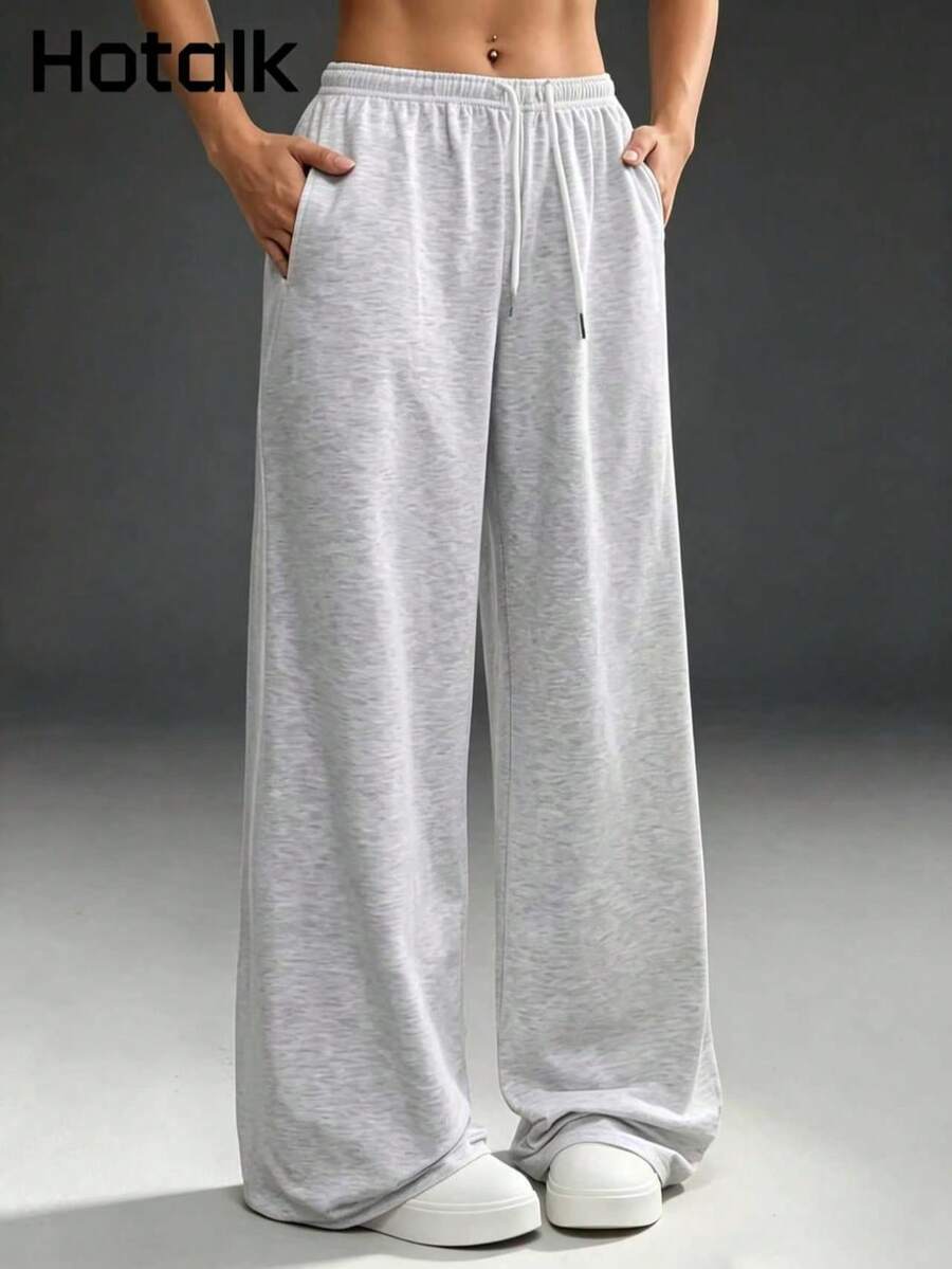 Hotalk Simple Sporty And Casual Straight-Leg Pants, Versatile Stretch Waist Drawstring Wide-Leg Casual Pants, Suitable For Casual Outdoor Sports. - Grey - View 1