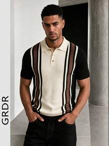 GRDR Men's Summer Contrast Color Seagull Collar Solid Color Short Sleeve Knit Sweater, Suitable For Summer Outings, Fashionable Outfit Essential - Black - View 1
