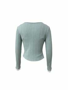 Women's Long Sleeve Knit Sweater, Slim Fit Inner Layer, Lace Bow Camisole Top, 2 Pieces Set, Autumn/Winter - Green - View 9