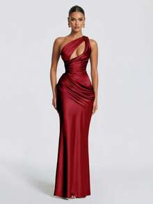 女款優雅單肩長版雞尾酒禮服，無袖不對稱領口，抓皺針織貼身洋裝，適合舞會穿著 - 紅色 - 查看 3