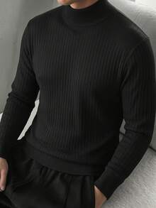ZYNTH BALENO 男士時尚秋冬修身版型標準肩半高領長袖針織衫，適合健身運動，黑色 - 黑色 - 查看 5