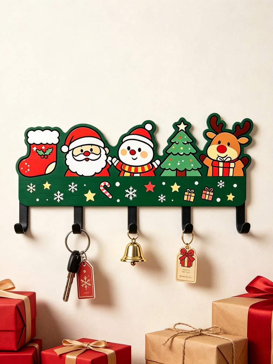 1PC Creative Christmas Wooden Key Hook, Cute Christmas Character Printed Pattern, Wall‑Mounted Entryway Storage Rack, Holds Keys, Bracelets, Charms And Other Small Trinkets, Warm Christmas Home Gift For Family And Friends - View 1