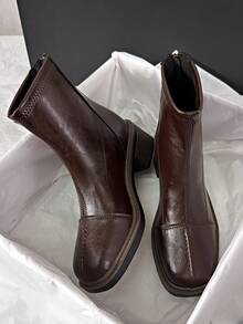 Sepatu Bot Ankle Hak Tinggi Vintage Inggris untuk Wanita, Sepatu Bot Hak Tebal Serbaguna Ujung Persegi Baru Musim Gugur/Dingin - Coklat - View 3