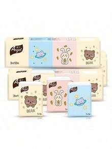 7/14/28/70/140Pcs (7pcs/Pack) Cute Cartoon Pocket Tissues, Bear Rabbit Space Cat Printed Mini Disposable Handkerchief Tissues,3‑Ply Original Wood Pulp Portable Tissues For Travel, Bag, Daily Use - Multicolor - View 7