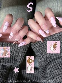 10pcs French Polka Dot Lace Sweet Rabbit Applique False Nails, Pink Brown Bow Cute Cartoon Style, Suitable For Wedding, Date, Party And Daily Wear, Each Piece Comes With 4pcs Tool Set: Jelly Glue, Nail File, Wooden Cuticle Pusher, Alcohol Cotton Pad - Hot Pink - View 6