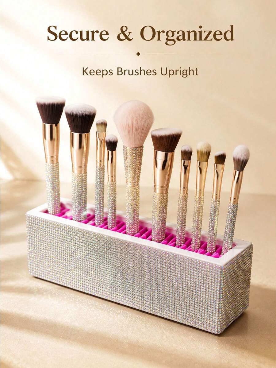 Two-Tone, Multicolored Rhinestone Finish-Rectangular Makeup Brush Organizer-Cosmetics Storage Box With Adjustable Compartments For Makeup And Nail Care Tools-Ideal For Placement On A Bedroom Vanity Or Similar Settings - Multicolor - View 1