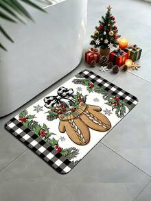1pc Christmas Vintage Style Holly Bow Pattern Kitchen Mat, Soft Flannel Touch Absorbent Home Entryway Rug, Easy To Clean Washable Long Runner Mat, Kitchen Long Carpet, Suitable For Kitchen, Bathroom, Entryway, Laundry Room, Hallway, Bedroom, Living Room Decor Rug, All Season Use, Great Gift, Christmas Atmosphere Decorative Mat - View 4