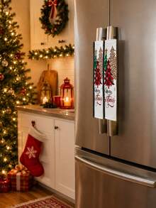 2pcs Christmas Refrigerator Handle Covers, Merry Christmas Letter & Leopard Print Plaid Christmas Tree Pattern Fridge Door Handle Covers, Christmas Kitchen Cabinet Microwave Handle Protectors, Christmas Home Kitchen Decor - Multicolor - View 5