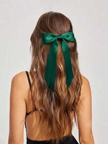 2Pcs Green Satin Hair Bows For Women Girls Silk Long Ribbon French Barrette Clip Girls Ponytail Hair Accessories Cutecore Fall - Dark Green - View 2