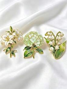 3pcs Fresh Light Green Floral Brooch Set, Lily Hydrangea Lily Of The Valley Design, Versatile Lapel Accessory For Coat Scarf Backpack, Daily Date Gift Item - A - View 1