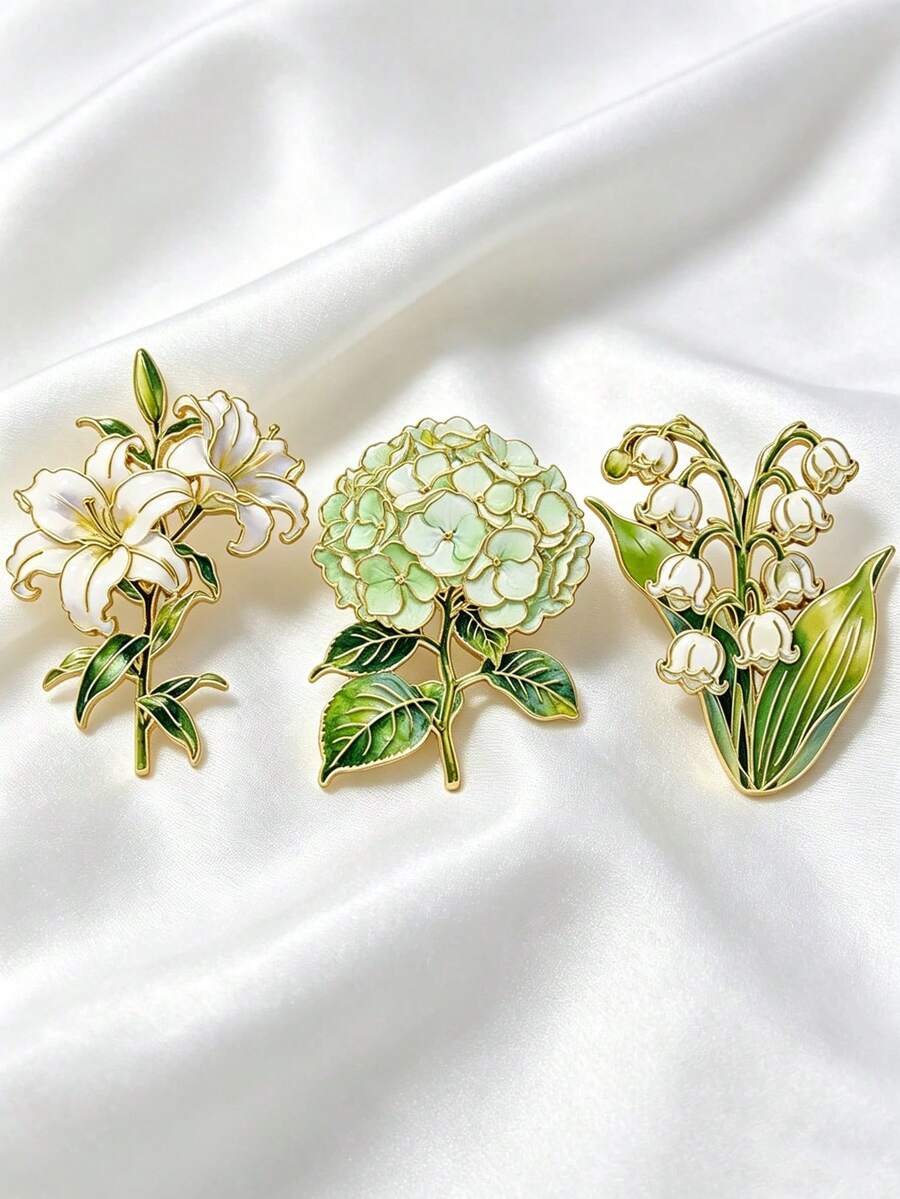 3pcs Fresh Light Green Floral Brooch Set, Lily Hydrangea Lily Of The Valley Design, Versatile Lapel Accessory For Coat Scarf Backpack, Daily Date Gift Item - A - View 1