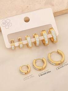 3 Pairs Women's Gold Tone Double Row Rhinestone Hoop Earrings Set - Multicolor - View 2
