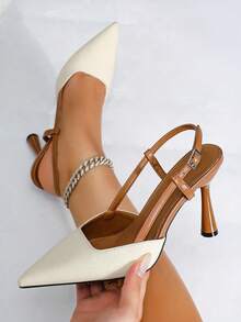 Women's High Heel Pointed Toe Fashion Commute Side Vertical Strap Open Back Slingback Buckle Pumps - Beige - View 1