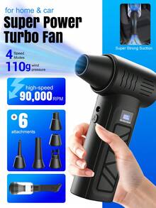 Pet Hair Dryer & Dust Blower, 90000RPM Turbo Jet Fan Wireless Air Duster, 2*1300mAh Rechargeable Battery, 3-Speed 110g Air Pressure, LED Display, Multi-Nozzle Design, Suitable For Pet Grooming, Keyboard, Computer, Car, Home Cleaning - Multicolor - View 2