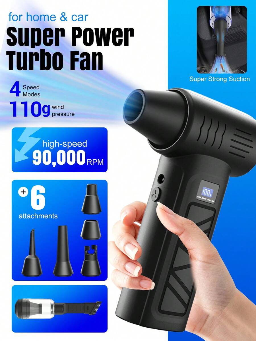 Pet Hair Dryer & Dust Blower, 90000RPM Turbo Jet Fan Wireless Air Duster, 2*1300mAh Rechargeable Battery, 3-Speed 110g Air Pressure, LED Display, Multi-Nozzle Design, Suitable For Pet Grooming, Keyboard, Computer, Car, Home Cleaning