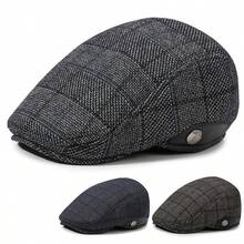 1pc Men's Thickened Earflap Warm Baseball Cap, Autumn/Winter, Middle-Aged And Elderly, Thermal Lined Wool Plaid Beret - A - View 2