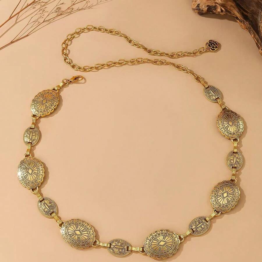 Vintage Punk Style Metal Hollow Floral Waist Chain, Fashionable Retro Cinched Waist Body Chain For Women - Gold - View 1