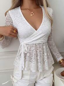 SCARLUX Women's Y2K Lace Top, Floral Lace, Fitted V-Neck Side Tie Ruffle Top, Suitable For Back To School, Streetwear, Daily Commute - White - View 7