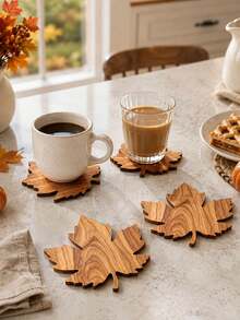 Thanksgiving Maple Wood Coaster Set, Maple Leaf Shaped Wooden Coasters, Autumn Tabletop Decor, Natural Wooden Coffee Cup Coasters, Rustic Farmhouse Style Kitchen And Dining Table Decor, Holiday Home Decor Accessories, Maple Leaf Shaped Wooden Coasters - Multicolor - View 6