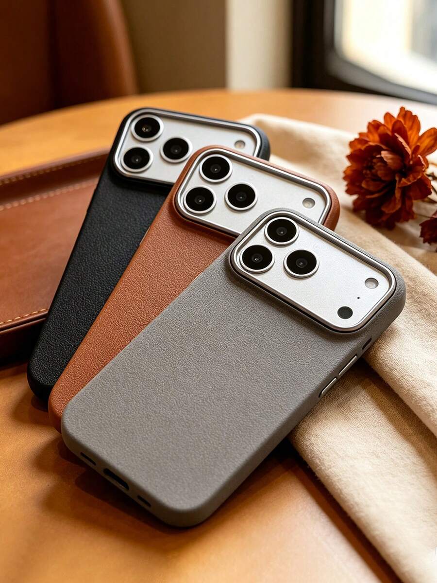 1 Set 3pcs Solid Color Lychee Texture Faux Leather Large Window Phone Case Covers, Black / Caramel Brown / Premium Gray Minimalist Solid Color Leather Texture Full Coverage Protective Shell, Raised Camera Frame Anti-Drop Anti-Slip Soft Shell, Business Commute Premium Style, Autumn/Winter Bestselling Phone Case, Suitable For Personal Use, Birthday Gift Choice; Compatible With IPhone Case & Galaxy Case, Compatible With IPhone 17/17 Pro/17 Pro Max - Multicolor - View 1