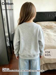 Tween Girl Crew Neck Sweatshirt, Cherry Letter Print Pure Cotton Pullover, Soft Casual Long Sleeve Top - Flower Ash - View 4