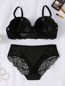 Lace Full Coverage Side Support Bra Set, Adjustable Thin Strap Bra, Matching Underwear Set - Black - View 2