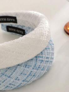 2pcs Minimalist High Crown Headband, Elegant Woven Women's Hair Accessory, Blue And White Plaid, Suitable For Daily, Travel, Commute - Blue and White - View 3
