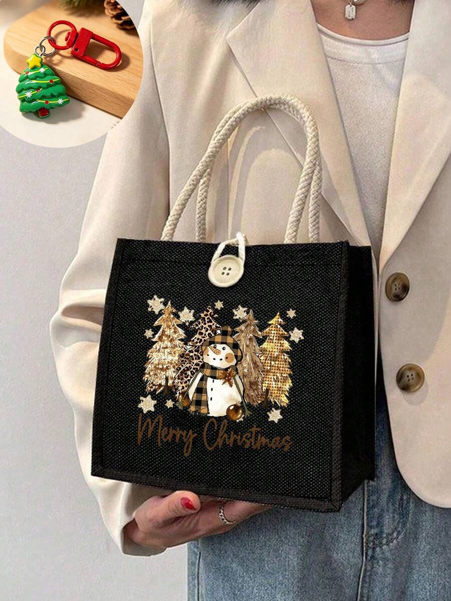 Christmas Pattern Linen Tote Bag, Christmas And New Year Gift, Suitable For Commuting, Travel And Daily Use - Multicolor - View 1