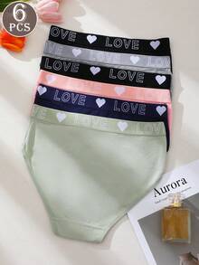 6pcs Women's Panties Triangle Briefs Solid Color Basic Style Love Letter Print Waistband Multicolor - Multicolor - View 11