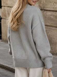 YuwenierPOP Simple Casual Gray Knit Sweater Crew Neck Oversized Women Drop Shoulder Loose Long Sleeve Pullover Campus Autumn Winter Commute Outfit - Grey - View 5