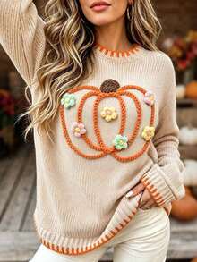 Sweater Rajut Leher Bulat Motif Bunga Kasual Blok Warna Ukuran Plus - Aprikot - View 3