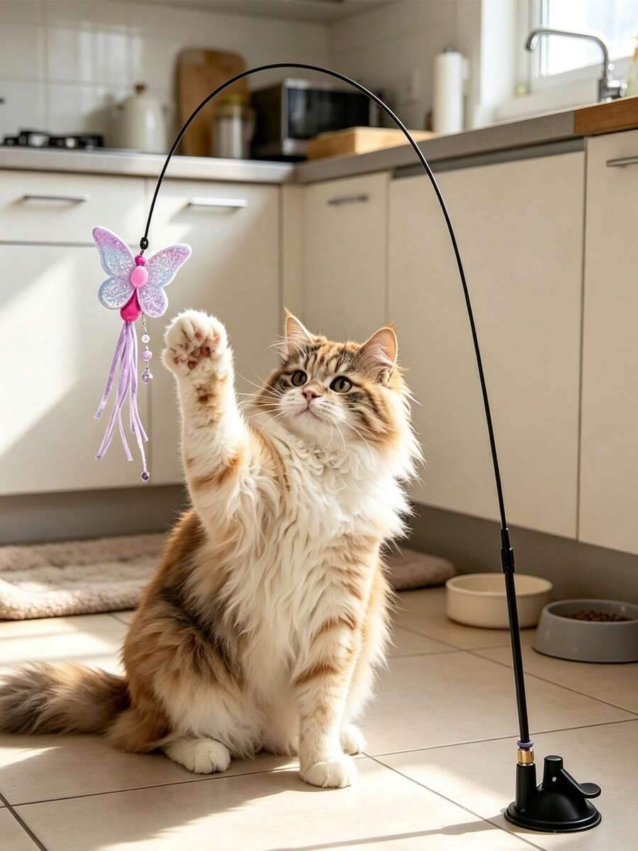 Fun Cat Toys, Indoor Cat Play Accessories, 3-Piece Cat Toy Set: Heavy-Duty Suction Cup + Rope Cat Teaser Wand + Realistic Butterfly Pendant, Suitable For Suction Cup Cat Teaser Wand, Let Cats Entertain Themselves And Burn Off Excess Energy, Pet Gift, Christmas Gift - Multicolor - View 1