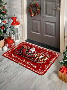 1pc Vintage Christmas Santa Sleigh Pattern Kitchen Mat, Flannel Soft Touch Absorbent Home Entryway Rug, Easy To Clean Washable Area Runner, Kitchen Runner Rug, Suitable For Kitchen, Bathroom, Entryway, Laundry Room, Hallway, Bedroom, Living Room Decor, All Season, Great Gift, Christmas Atmosphere Decoration Mat - View 3