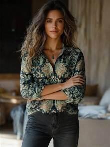 YI XUAN Camisa de moda con estampado retro para mujer talla grande, diseño con bolsillo doble delantero, primavera - Verde - Ver 5