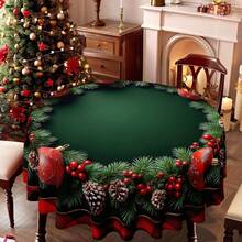 Round Christmas Tablecloth Dark Green Pine Branch Pinecone Red Berry Ball Ornament Border Decorative Washable Holiday Dining Table Cover For Xmas Party Winter Kitchen Home Table Decor - A - View 1