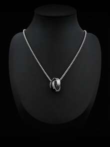 CCO European And American Style Hip-Hop Double Ring Pendant Necklace, Unisex Necklace With Zirconia Decoration, Fashionable Accessory Suitable For Any Occasion, Perfect Gift For Family And Friends, Suitable For Daily Wear - Black - View 4