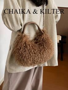 1pc Solid Color Plush New Women's Backpack, Shoulder Bag, Crossbody Bag, Fashion Square Handbag, Autumn/Winter New Style, Chain Strap, Suitable For Commuting, Shopping, Dating - Brown - View 6