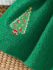 Baby Girl Christmas Tree Embroidered Ribbed Long Sleeve Top & Chunky Knit Suspender Dress 2pcs Set, Soft Skin-Friendly Sweet Party Outfit For Autumn/Winter - Green - View 8
