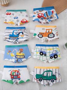 8pcs/Pack Young Boy Construction Vehicle Print Cartoon Underwear - Blue and White - View 1
