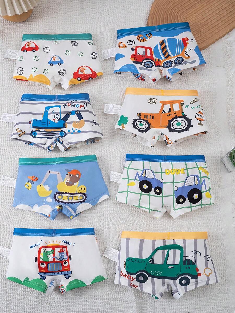 8pcs/Pack Young Boy Construction Vehicle Print Cartoon Underwear - Blue and White - View 1