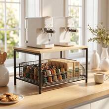 1pc Space-Saving Kitchen Countertop Storage Rack With Drawer And Metal Wire Basket, Fully Detachable Hardwood And Metal Storage Shelf, Suitable For Coffee Machine, Seasoning, Utensils, Microwave Oven, Multi-Functional Storage Rack - Multicolor - View 4
