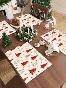 1pc Christmas Pattern Printed Table Runner, 4pcs Christmas Pattern Printed Placemats, Suitable For Holidays, Parties, Birthdays, Dinner, Kitchen Dining Table Decoration, All-Season Room Decor, Home Textile Table Runner - Multicolor - View 8