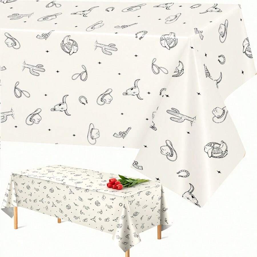 3 Pieces1-Piece Western Tablecloth, Denim Party Decoration, Competitive Show Disposable Plastic Tablecloth, Western Party Decoration, First Competitive Birthday Party Decoration, 54 X 108 Inches - Apricot - View 1