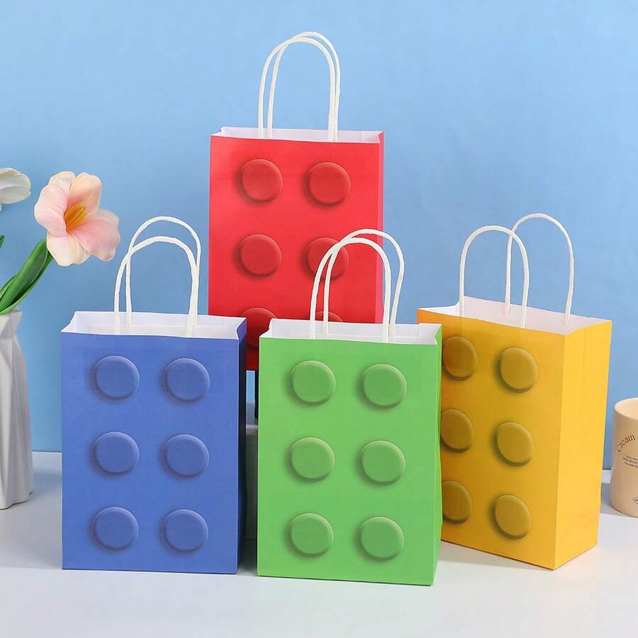 Durable Paper Building Block Gift Bags, Cute Block‑Embossed Pattern Red Blue Green Yellow Rectangular Handle Treat Bags For Kids Building‑Brick Themed Birthday Party Candy Favor Supplies - View 1