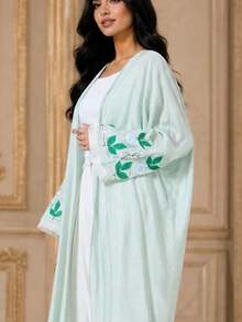 Women's Mint Green Long Kaftan Robe, Kimono Style Long Sleeve, Embroidered Details, Flowy Loose Woven Fabric Robe - Mint Green - View 5