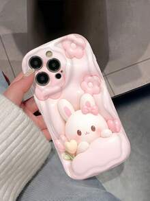 Clear Wavy Curved Edge Phone Case, Rabbit Design Purple Rhinestone Style 2D Embossed Floral Pattern, Transparent Shockproof Soft TPU Protective Cover With Raised Camera Lens Frame, Compatible With Apple 11, 12, 13, 14, 15, 16, 17 Pro Max, Designed For Girls And Women Coquette Aesthetic Raised Lens Protection Case Suitable For Galaxy, Honor, Phones - White - View 2