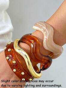 4/1pc Vintage Minimalist Women's Wavy Acrylic & Resin Open Ring Bangle Bracelet Set With Rivet Detail, Suitable For Daily Wear, Stackable, Perfect Gift For Holidays - Multicolor - View 6